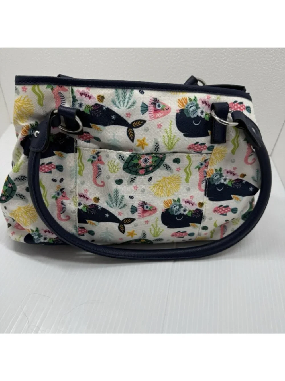 Lily Bloom Maggie Satchel OS Navy Multicolor Ocean Turtles Whales NWT Eco Purse